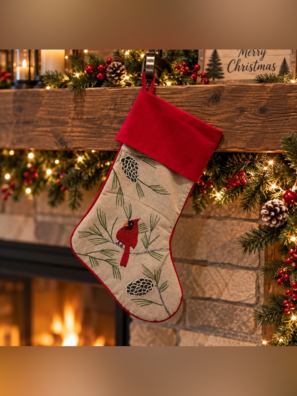 Cardinal On Pine Branch Embroidered Christmas Stocking 20” Regency International